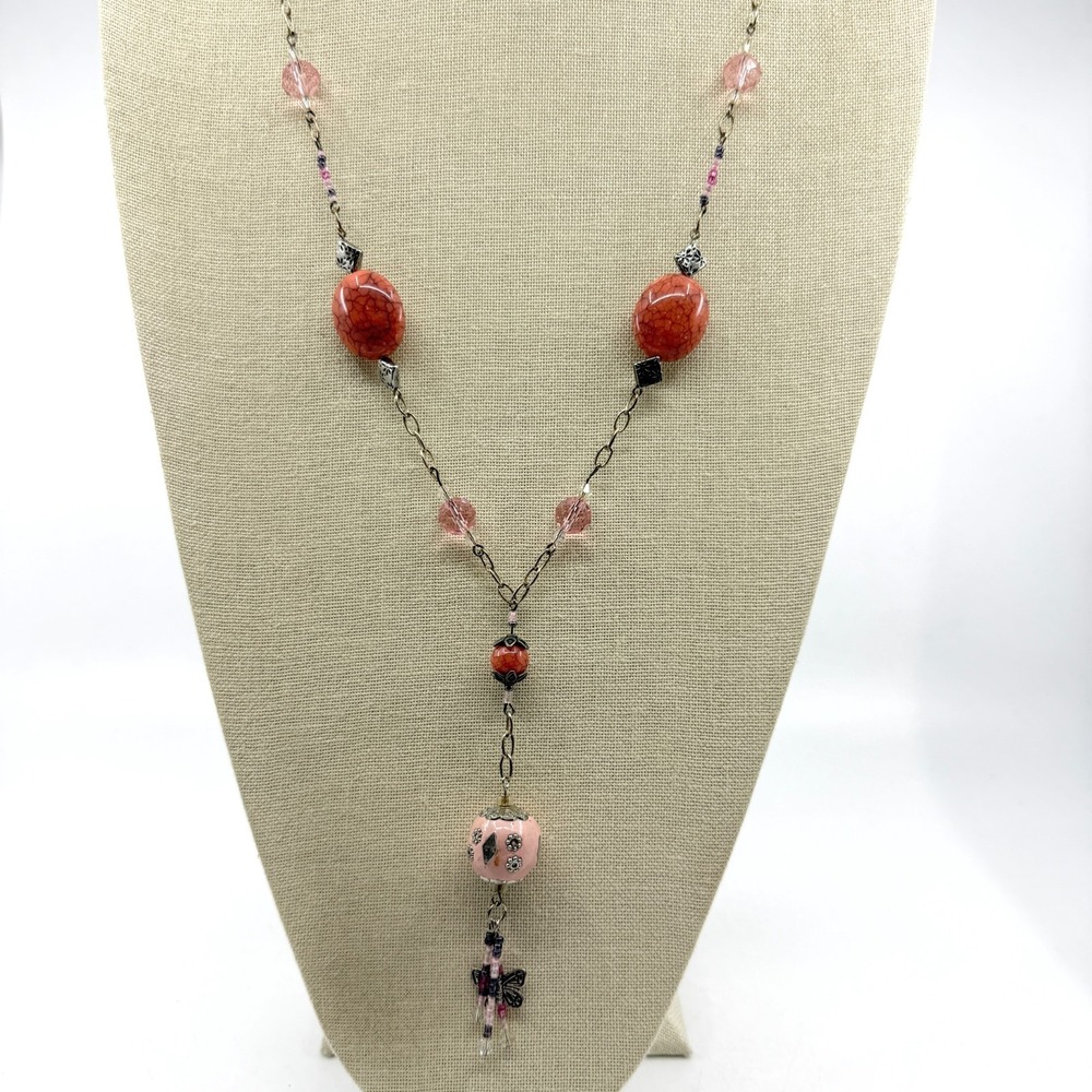 Pink Orange Beaded Butterfly Tassel Long Pendant Necklace Boho Cottagecore Y2K